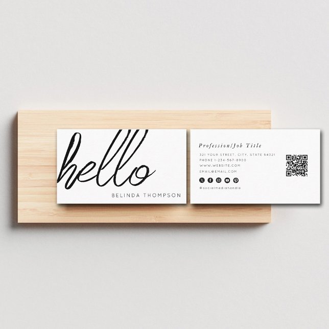 Modern, minimalistisk, enkel vit Hej QR-kod Visitkort (Modern Minimalist Simple White Hello QR Code Business Card)