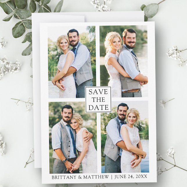 Modern, minimalistisk, enkelt par 4 foto spara datumet (Customize to change text size, style or to add more text & photos to back of card.)