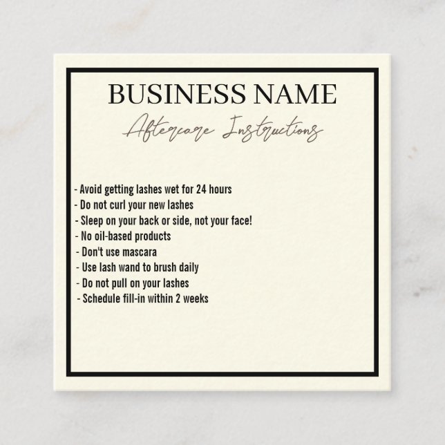 Modern minimalistisk Eyelash-eftervårdskort Fyrkantigt Visitkort (Framsida)