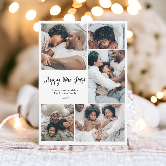 Modern minimalistisk familj 6 foton Gott nytt år Julkort (Modern minimalist family 6 photos Happy New Year Holiday Card black white)