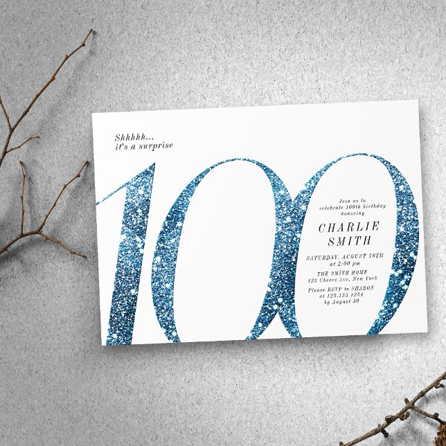 Modern minimalistisk faux blue glitter 100-årsdag inbjudningar (Modern minimalist faux blue glitter 100th birthday invitation)