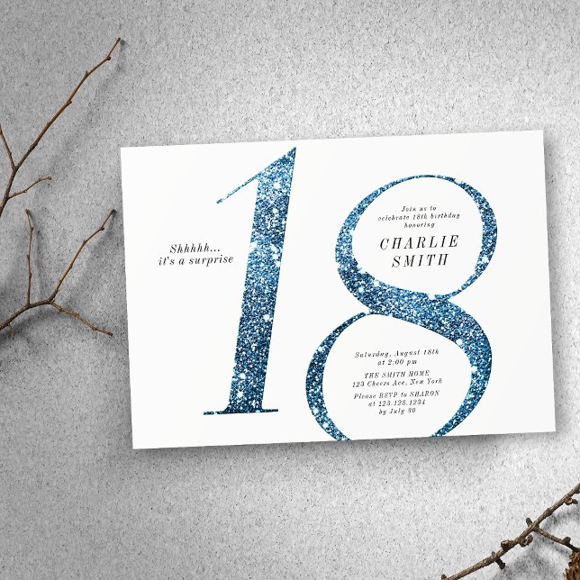 Modern minimalistisk faux blue glitter 18-årsdag inbjudningar (Modern minimalist faux blue glitter 18th birthday invitation)