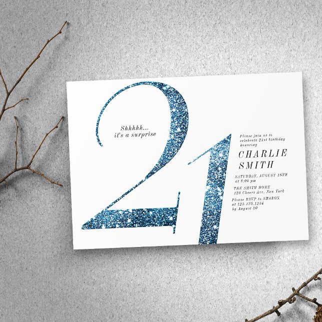 Modern minimalistisk faux blue glitter 21:a födels inbjudningar (Modern minimalist faux blue glitter 21st birthday invitation)