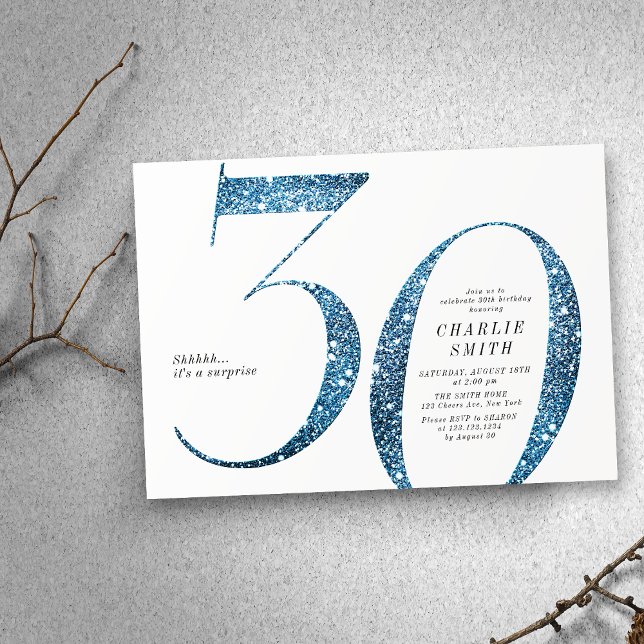 Modern minimalistisk faux blue glitter 30års födel inbjudningar (Modern minimalist faux blue glitter 30th birthday invitation)