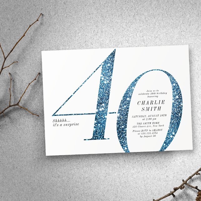 Modern minimalistisk faux blue glitter 40-årsdag inbjudningar (Modern minimalist faux blue glitter 40th birthday invitation)