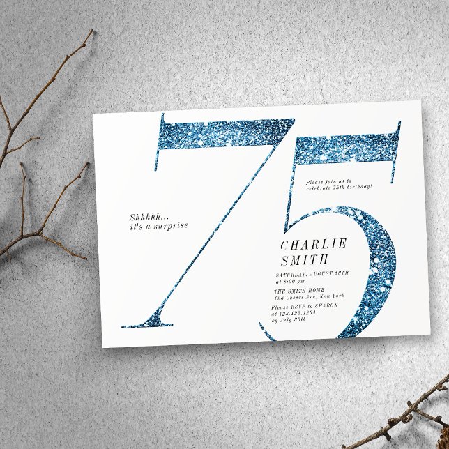 Modern minimalistisk faux blue glitter 75:e födels inbjudningar (Modern minimalist faux blue glitter 75th birthday invitation)