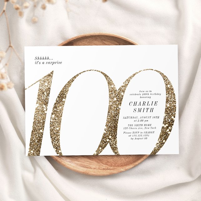 Modern minimalistisk faux guld glitter 100-årsdag inbjudningar (Modern minimalist faux gold glitter 100th birthday invitation)