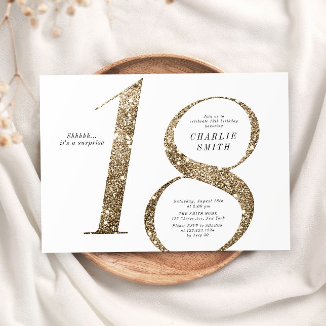 Modern minimalistisk faux guld glitter 18-årsdag inbjudningar (Modern minimalist faux gold glitter 18th birthday invitation)