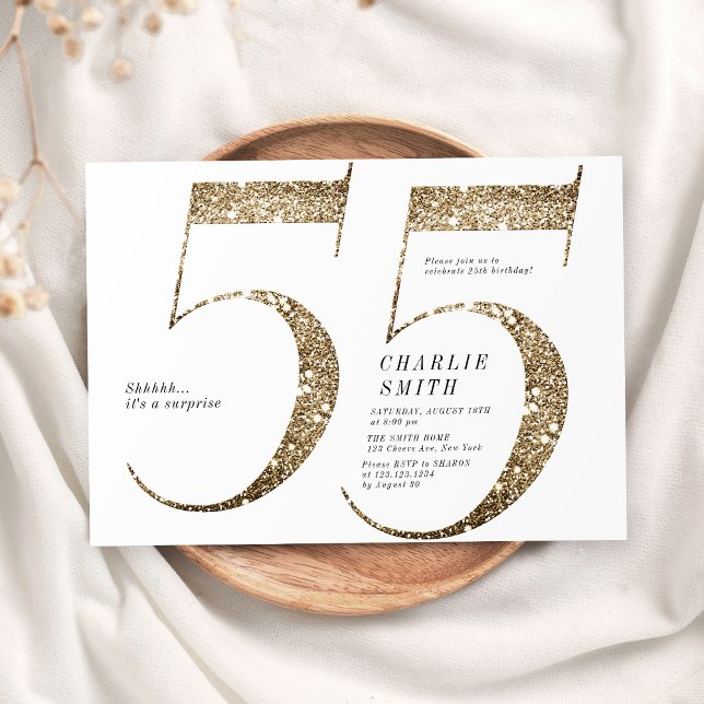 Modern minimalistisk faux guld glitter 55-årsdag inbjudningar (Modern minimalist faux gold glitter 55th birthday invitation)