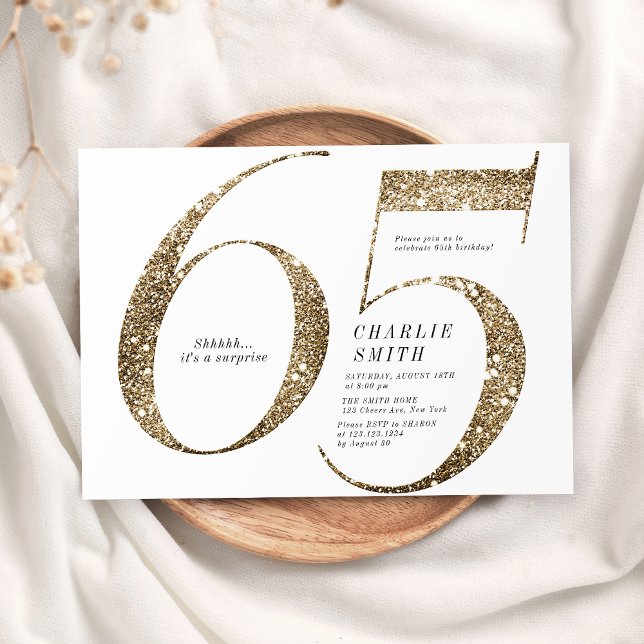 Modern minimalistisk faux guld glitter 65e födelse inbjudningar (Modern minimalist faux gold glitter 65th birthday invitation)