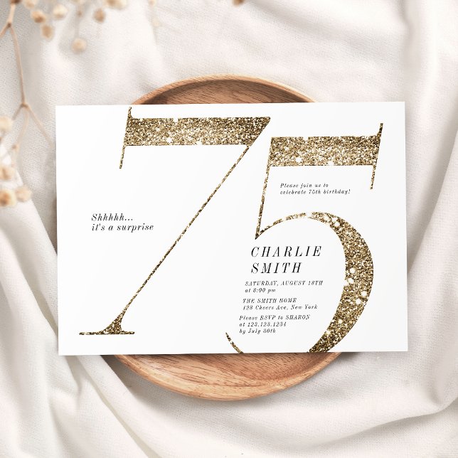 Modern minimalistisk faux guld glitter 75:e födels inbjudningar (Modern minimalist faux gold glitter 75th birthday invitation)