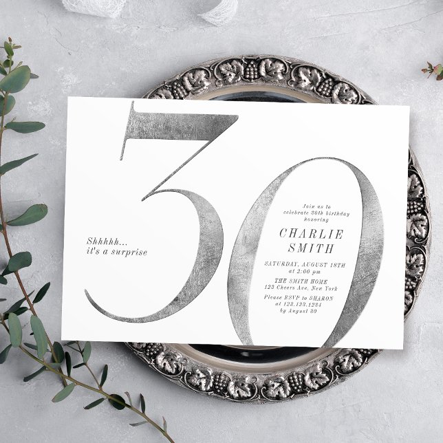Modern minimalistisk faux silver 30års födelsedag inbjudningar (Modern minimalist faux silver 30th birthday invitation)