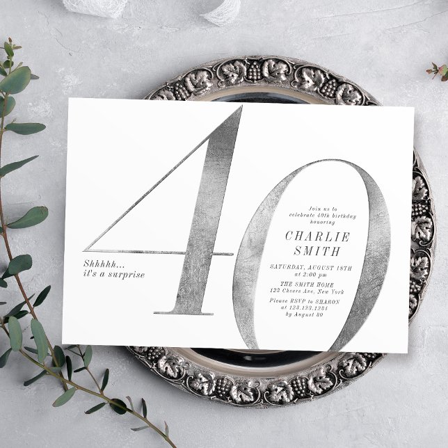 Modern minimalistisk faux silver 40-årsdag inbjudningar (Modern minimalist faux silver 40th birthday invitation)