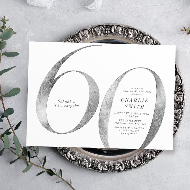 Modern minimalistisk faux silver 60-årsdag inbjudningar (Modern minimalist faux silver 60th birthday invitation)