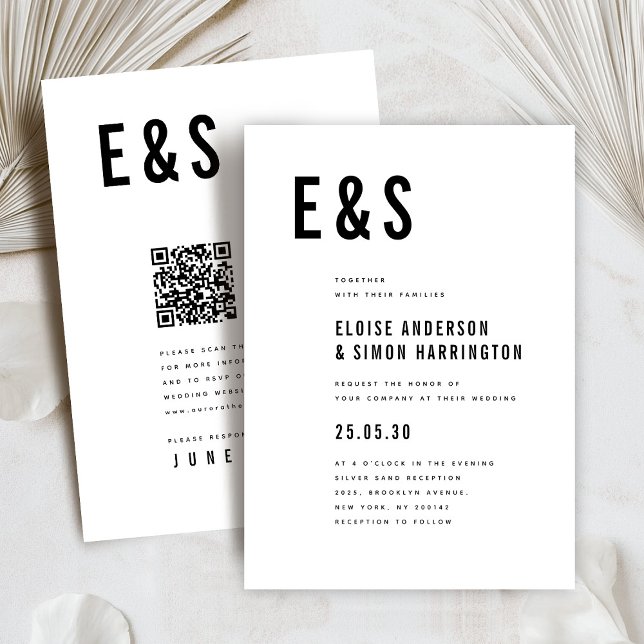 Modern minimalistisk fet monogram QR-kod Bröllop Inbjudningar (Bold initials Modern minimalist classic QR code wedding invitation)