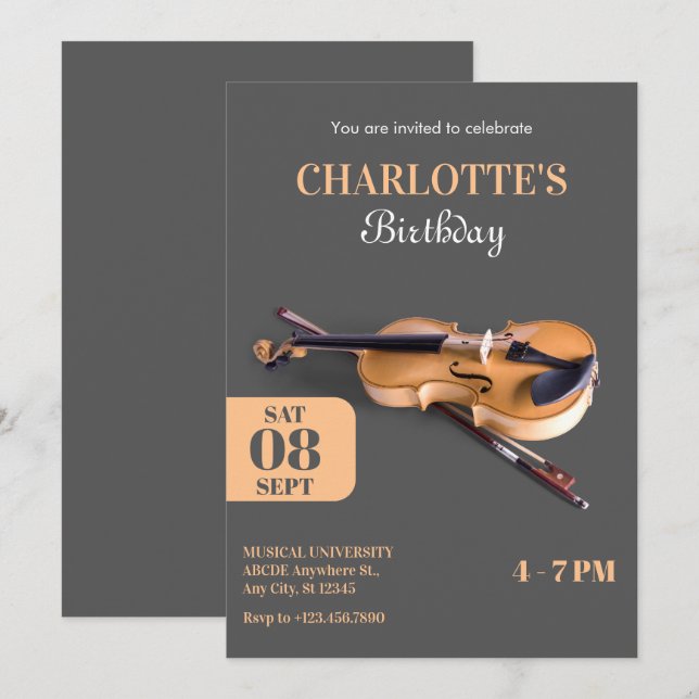 Modern minimalistisk fiolin födelsedag inbjudningar (Fram/baksida)