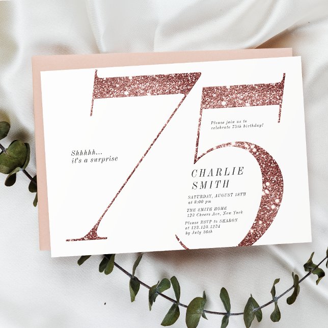 Modern minimalistisk födelsedag ro guld glitter 75 inbjudningar (Modern minimalist rose gold glitter 75th birthday invitation)