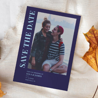 Modern minimalistisk fotnotsblått Bröllop Spara Datumet