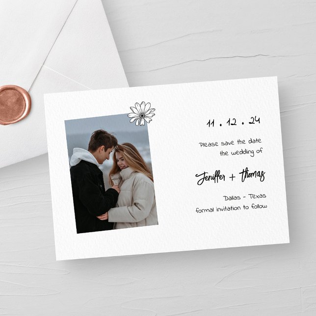 Modern Minimalistisk Fotobryllup Spara Datum-kort Datumet (Personalized Simple & Chic Black Handwritten Wedding Photo Save The Date)