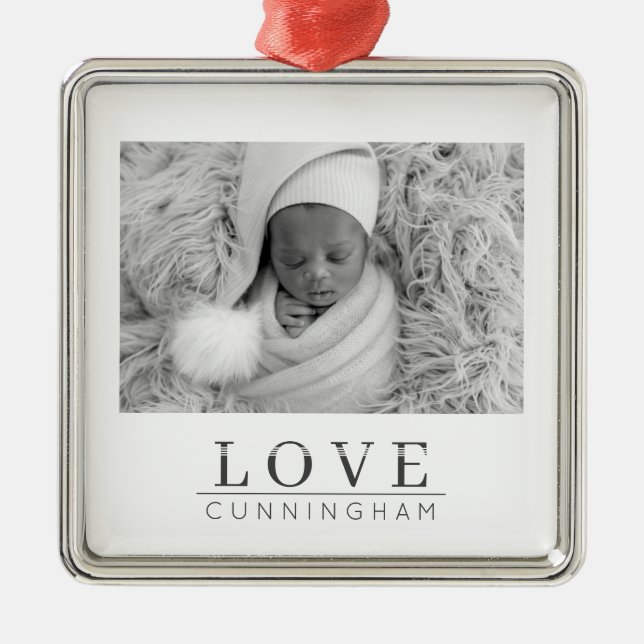 Modern minimalistisk fotofamilj Kärlek Baby i Namn Julgransprydnad Metall (Framsidan)