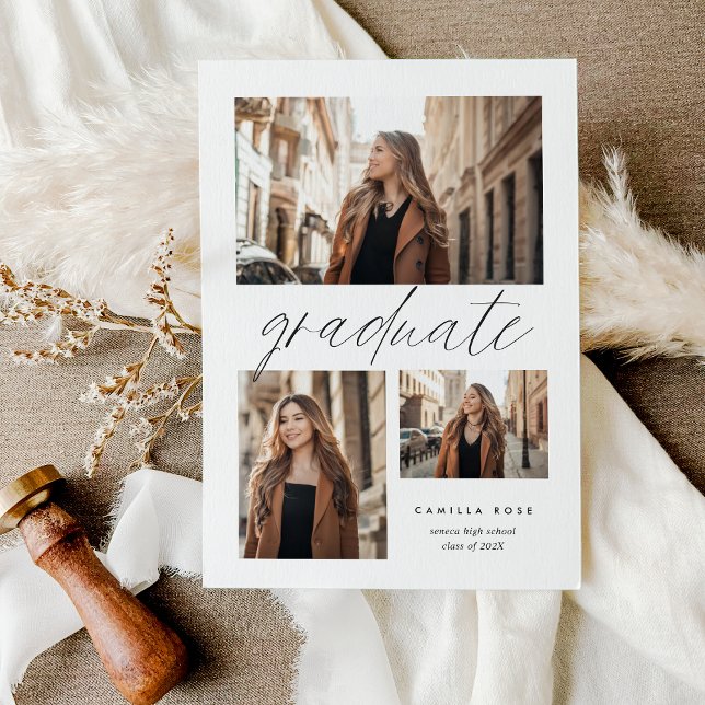 Modern minimalistisk fotoinbjudan Studenten 3 Meddelande (Modern Minimalist Graduation 3 Photo Collage Party Inviation)