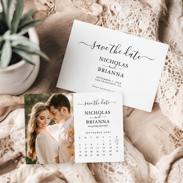 Modern minimalistisk fotokalender White Bröllop Spara Datumet (Skapare uppladdad)