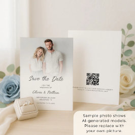Modern Minimalistisk Fotoöverlagring QR-kod Bröllo Spara Datumet