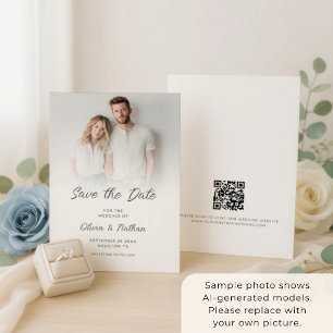 Modern Minimalistisk Fotoöverlagring QR-kod Bröllo Spara Datumet