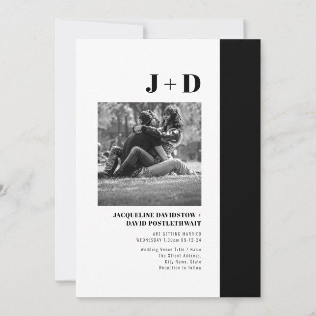Modern minimalistisk fotosvart och vit Bröllop Inbjudningar (Framsida)