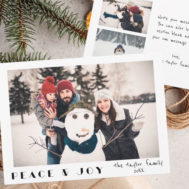 Modern minimalistisk fred & glädje foto julkort (Modern Minimalist Peace & Joy personalized custom photo Holiday Christmas Card Religious -3 photos)