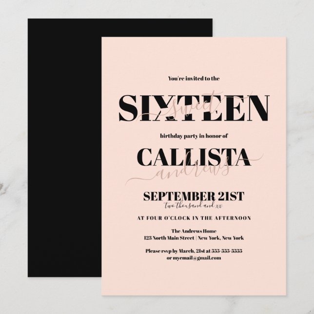 Modern minimalistisk Girly  Rosa Black Sweet 16 Inbjudningar (Fram/baksida)