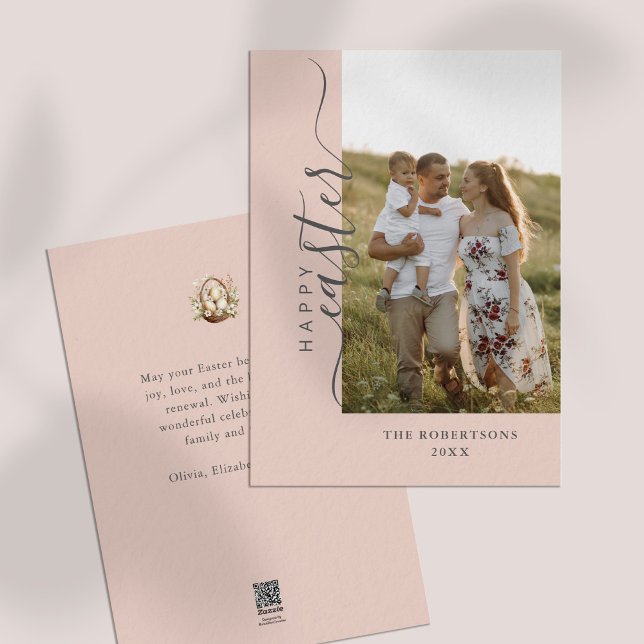 Modern minimalistisk Glad påsk-hälsningskort Julkort (Modern Minimalist Happy Easter Greeting Card on a white table.)