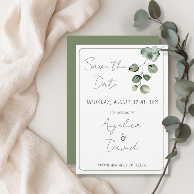 Modern minimalistisk grönt eucaluptus Bröllop Spara Datumet (Modern minimalistic green eucaluptus Wedding Save The Date)