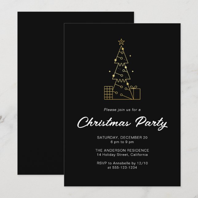 Modern minimalistisk Guld Julgran Party Black Inbjudningar (Fram/baksida)