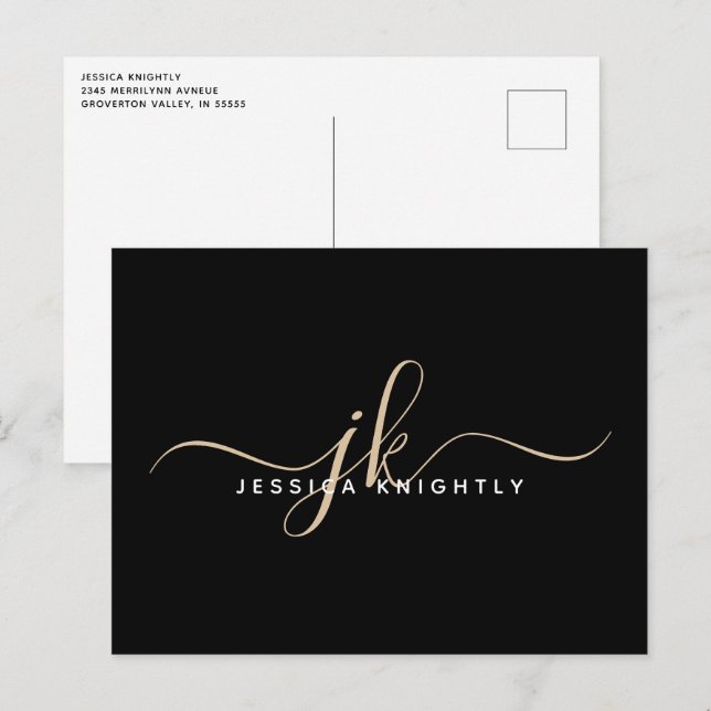 Modern Minimalistisk Guld-monogramskript Initialer Vykort (Fram/baksida)
