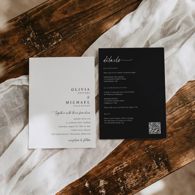 Modern minimalistisk handskrift allt-i-ett bröllop inbjudningar (Minimalist handwriting wedding invitation with details and rsvp and qr code on back.)