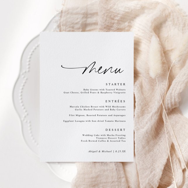 Modern minimalistisk handstil Namn bricka Bröllop Meny (Modern handwritten wedding menu card with thank you on back and space for name tags.)