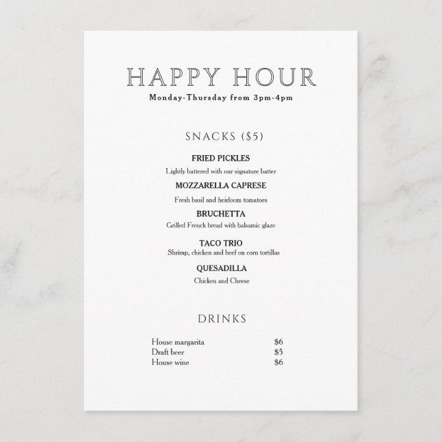 Modern Minimalistisk Happy Hour Meny (Framsida)