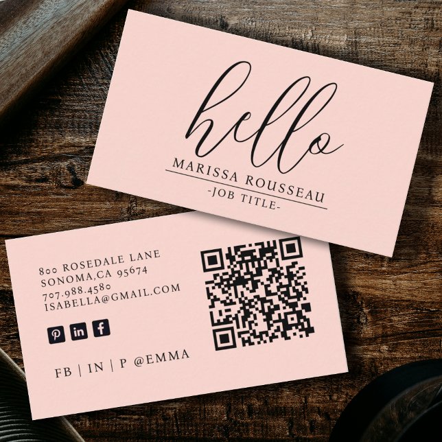 Modern Minimalistisk  Hej av Rosa QR-kod Visitkort (Skapare uppladdad)