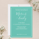 Modern minimalistisk inbjudan till Aqua & White We<br><div class="desc">Söt,  modern,  minimalistisk och trendigets bröllopsinbjudan har en akvblått bakgrund (Pantones plocka "Cascade" från 2022 i färg) med vita textblock av anpassade i modernt typsnitt</div>