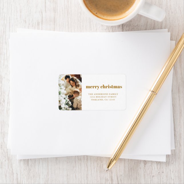 Modern minimalistisk julfamiljfoto Guld Adressetikett (Insitu)