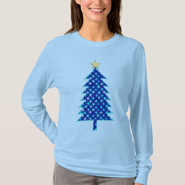 Modern minimalistisk Julgran med blå stjärnor T Shirt (Framsida)