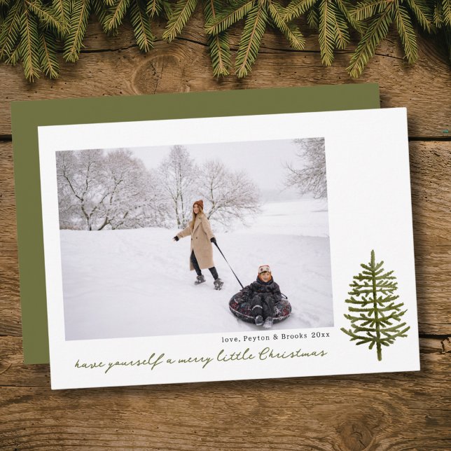 modern minimalistisk julgran med gran foto julkort (modern minimal simple merry little Christmas evergreen tree personalized 1 photo holiday card)