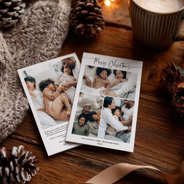 Modern minimalistisk julvinter 4-fotoskript julkort (Modern Minimalist Christmas Winter 4-Photo Script Holiday Card)