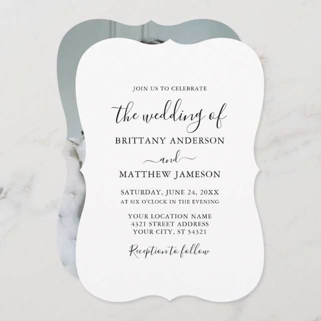 Modern minimalistisk kallgrafifoto Bröllop Inbjudningar (Fram/baksida)