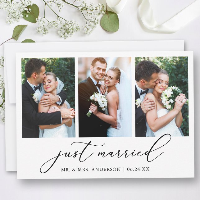 Modern minimalistisk kalligrafi 3 foton Bröllop Meddelande (Customize to add text or more photos to back of card.)