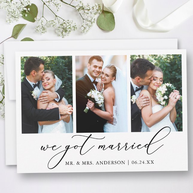 Modern minimalistisk kalligrafi 3 Photo Bröllop Meddelande (Customize to add text or more photos to back of card.)