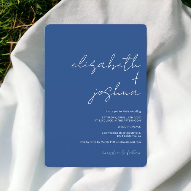 Modern minimalistisk kalligrafi namn blå bröllop inbjudningar (Modern minimalist names calligraphy blue wedding invitation)