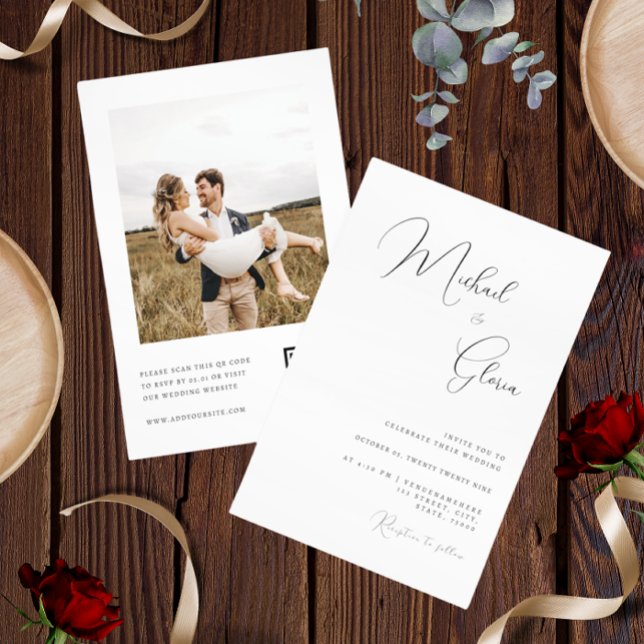 Modern Minimalistisk Kalligrafi QR-kod RSVP Bröllo Inbjudningar (Skapare uppladdad)