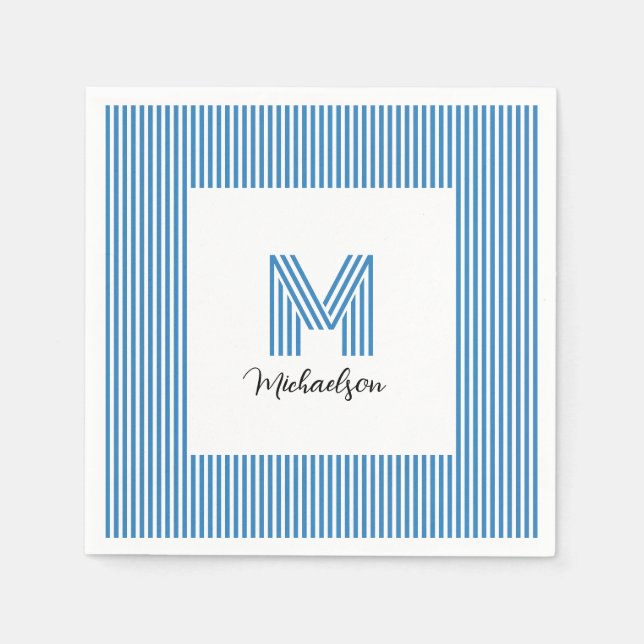 Modern Minimalistisk Kustblå Ränder Monogram Pappersservett (Framsidan)